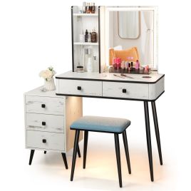 ALLANO Vanity Table Set with 3-Color LED Lights Mirror and Charging Station-White