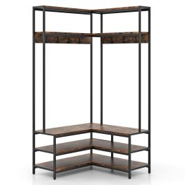 Garment Rack - L-shaped Clothes Corner Garment Rack with Open Shelves and 7 Hooks-Rustic Brown