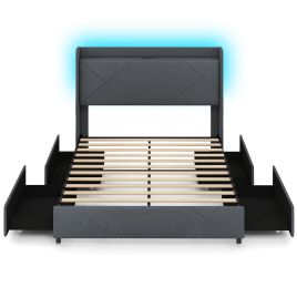 Kingsize Bed - ORLANDO 5ft Metal Bed with LED Lights and Charging Station Grey