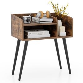 DAZE 2-Tier Mid Century Modern Nightstand with Open Shelves-Rustic Brown