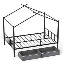 Double Bed - CEDRAL House Bed with 2 Drawers No Box Spring Needed - Black