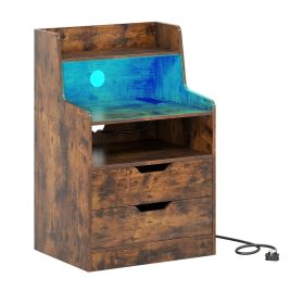 CALSCOTT LED Nightstand with Charging Station 2-Drawer Bedside Table with Open Shelf-Rustic Brown