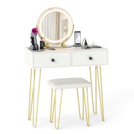 VZEN Vanity Desk with Mirror and Lights Makeup Dressing Table-White