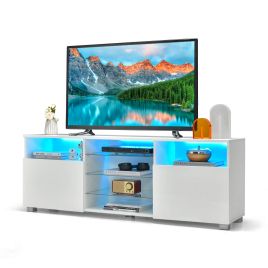 TV Stand - Console TV Stand for TVs up to 65" with LED Lights and 2 Doors-White
