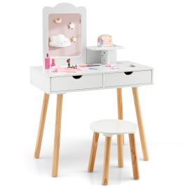 Kids Furniture - Kids Vanity Table and Stool Set with Square Mirror and Storage Shelf-White