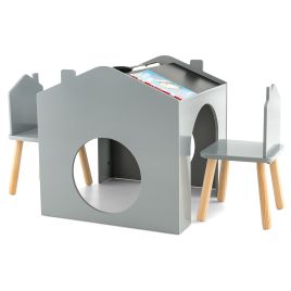 3 Pcss Wooden Kids Table and Chair Set with Chalkboards - Grey