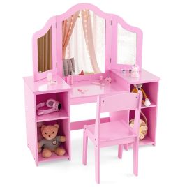 NORAAR Kids Vanity Set with Tri-Folding Detachable Mirror-Pink