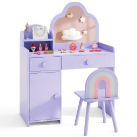 ARTAVE Kids Vanity Table and Chair Set with Cloud-shaped Mirror and Shelf Drawers-Purple