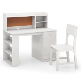 DARELY Kids Desk and Chair Set with Chair Hutch and 3-Layer Side Shelf-White