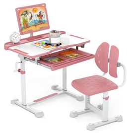 DELWYNNE Height-Adjustable Kid's Study Desk and Chair Set with Tilt Desktop and Footrest Bar-Pink