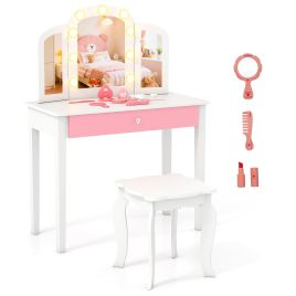 ZOMAYA Kids Vanity Table with Mirror and Lights Princess Makeup Vanity Desk-White