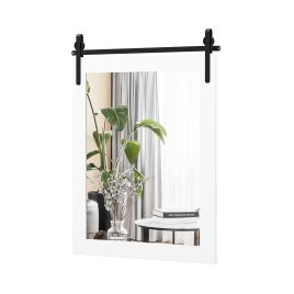 Wall Mounted Mirror with Solid Wood Frame and Metal Bracket - White