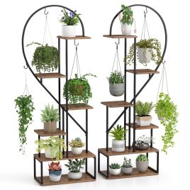 LYCA 6-Tier Metal Plant Stand Heart-Shape Ladder Plant Shelves -Rustic Brown