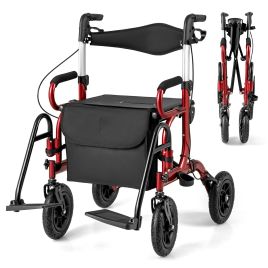 DRAYWICKE 2-in-1 Foldable Rollator Walker with Seat and Pneumatic Tires for All Terrain-Red