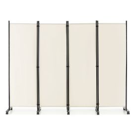 4-Panel Folding Room Divider with Wheels for Living Room Bedroom -White