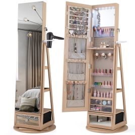 ELBERTH 360° Swivel Lockable Jewelry Armoire Cabinet with Full-Length Mirror-Natural