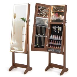 Jewellery Cabinet - Standing Jewelry Cabinet with LED Lights Lipstick Box and 2 Drawers-Walnut