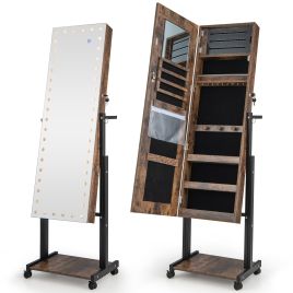LURIDA Lockable Jewelry Armoire Organizer with 3-Color Dimmable LED Full-Length Mirror-Brown