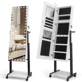 LURIDA Lockable Jewelry Armoire Organizer with 3-Color Dimmable LED Full-Length Mirror-White