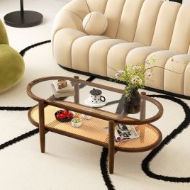 Coffee Table - 2-Tier PE Rattan Coffee Table with Storage
