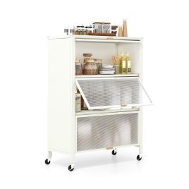 Kitchen Cabinet - 4-Tier Kitchen Bakers Rack with Flip Doors on Lockable Universal Wheels-White