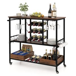 ELDWICKOR Bar Cart with 3 Tiers and Glass Racks-Rustic Brown