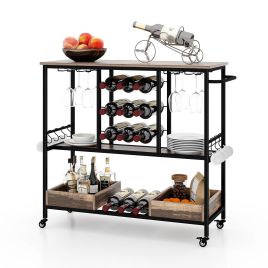 ELDWICKOR Bar Cart with 3 Tiers and Glass Racks-Brown