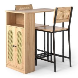 3-Piece Bar Table and Chairs Set Counter Height with PE Rattan Cabinet-Natural
