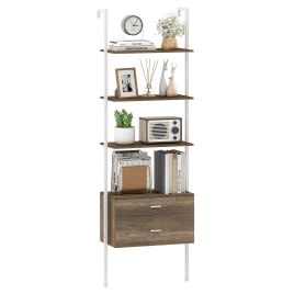ENAR 6-Tier Ladder Bookcase with 2 Drawers Wall-Mounted Bookshelf-Grey
