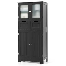 ZEUL Floor Storage Cabinet with Glass-Door Cabinets and 2 Drawers-Black