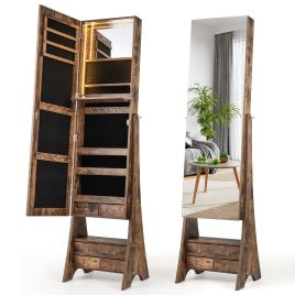 IVZE 3-Color LED Lighted Jewelry Cabinet with Full-Length Mirror and Adjustable Tilt Angles-Rustic Brown