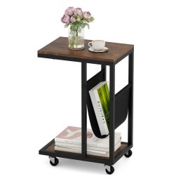 C-shaped Side Table on Wheels with Storage Pouch for Living Room and Bedroom-Rustic Brown