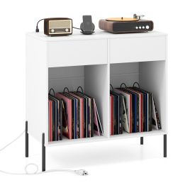 Record Player Stand with Power Outlets and Drawers for Living Room-White