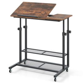 REA Mobile Stand up Height Adjustable Sit Stand Desk with Tilting Tabletop-Rustic Brown