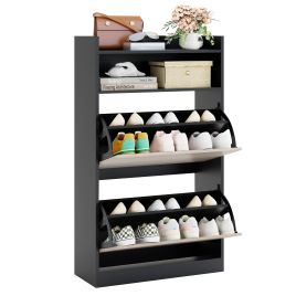 YVORA Shoe Cabinet Storage Organizer with Flip Drawers and Open Shelves - Black