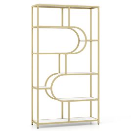 LENIX Industrial Bookcase with Open Shelves & Metal Frame-White & Gold