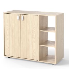 YVION 3-Tier Shoe Cabinet with Doors and Adjustable Open Shelves - Natural