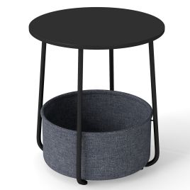 PVARO 2-Tier End Table with Fabric Storage Basket and Metal Frame-Black
