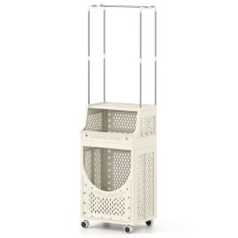 QAVIX 2-in-1 3/4-Tier Laundry Cart with Hanging Bar and Lockable Wheels-3-Tier-Beige