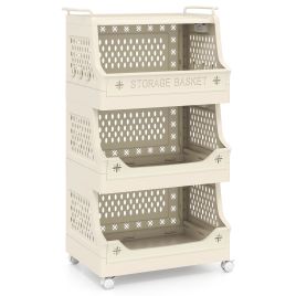 FYNEX 4-Tier Rolling Laundry Basket with Wheels & Handles-Beige