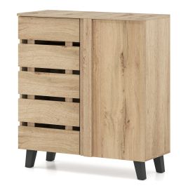 4-Tier Shoe Cabinet with Louvered Door and Removable Shelves - Natural