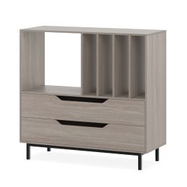 LUXEN Record Player Stand Mid Century Turntable Stand with Open Compartment-Grey