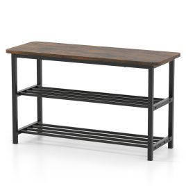 3-Tier Shoe Storage Bench with Metal Shelves and Wooden Seat - Rustic Brown