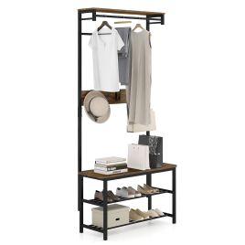 Hall Tree with Bench and Shoe Storage with Hanging Bars-Rustic Brown
