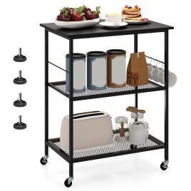 Lockable Trolley with Wheels, Mesh Shelves and Hooks-Black