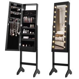 REEL Standing Jewellery Organiser Cabinet with Adjustable Mirror 18 LEDs-Black