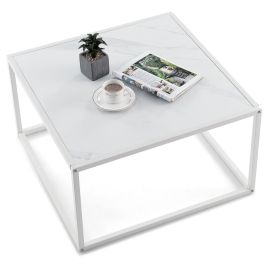 Coffee Table - Modern Square Leisure Coffee Table with Faux Marble Tabletop-White