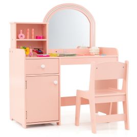 ARURXO Kids Vanity Table and Chair Set with Shelves Drawer and Cabinet-Light Pink