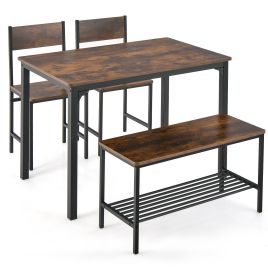 Dining Table Set - 4-Piece Dining Table Set with Storage Shelf and Metal Frame-Coffee