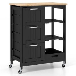 INXO Kitchen Island Rolling Cart Utility Cart on Lockable Wheels with 3 Drawers-Black